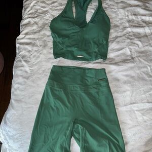 Gymshark Whitney Simmons top and shorts green workout set